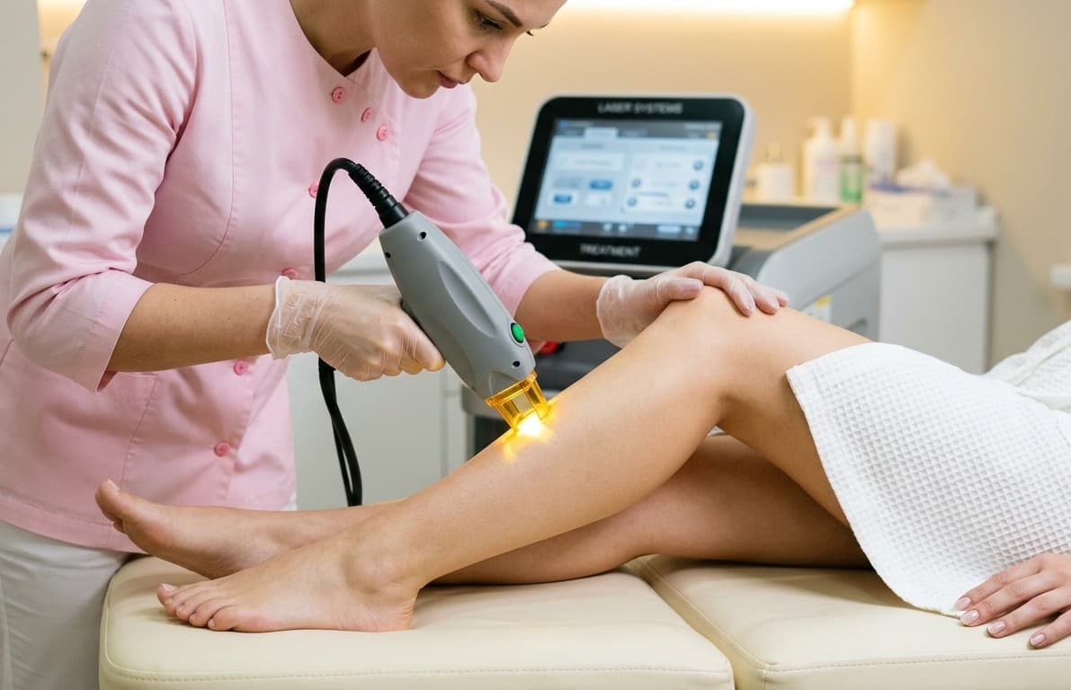 Laser-Handstück bei der Anwendung am Knie